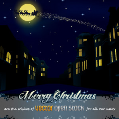 クリスマスな街と月に映るサンタクロース　イラストレーター素材